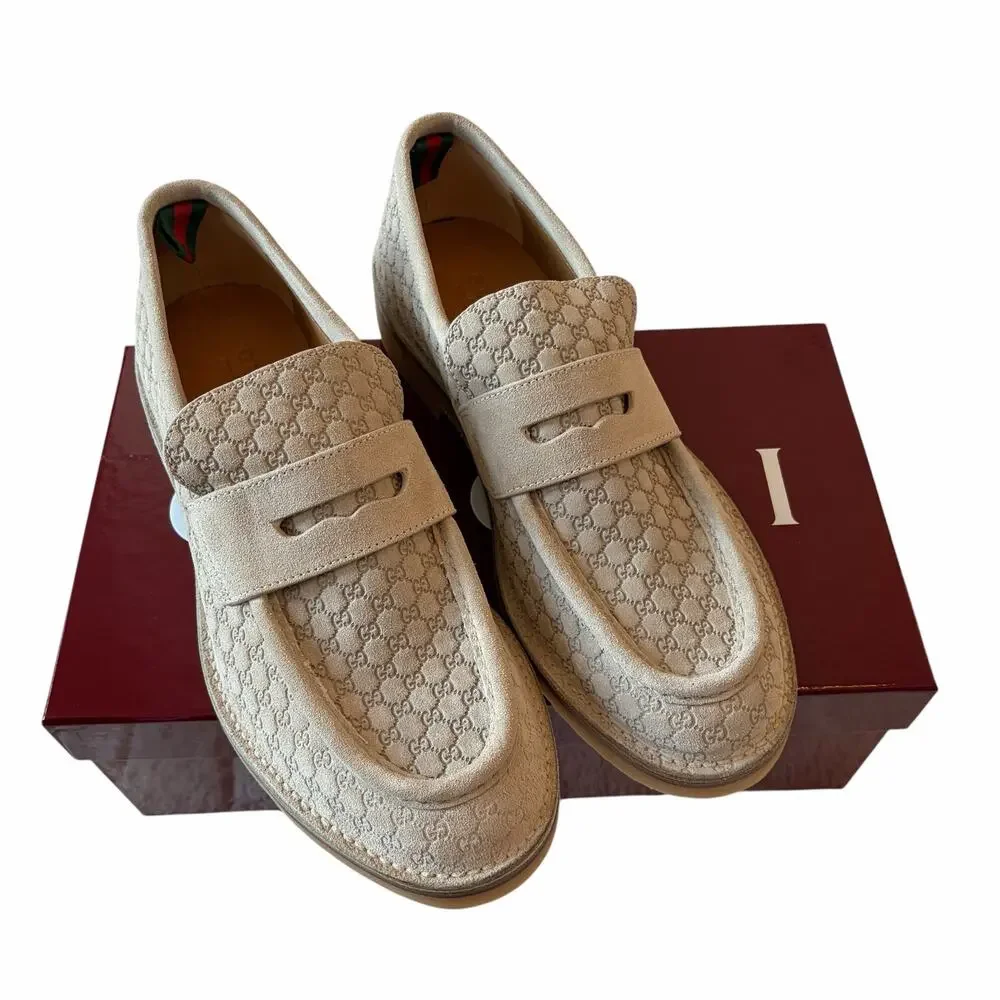 Gucci Web GG Monogram Suede Loafers Beige 831289 Mens 11.5 US 12 NEW